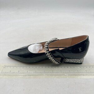 FSJ Black Pointed Toe Low Chunky Heels Dress Pumps Crystal Strap Shoes